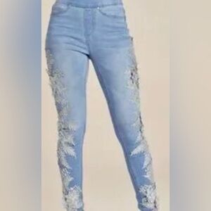 VENUS Size 4 Blue Silver Floral Bejeweled Glitter Pull On Embellished Jeggings